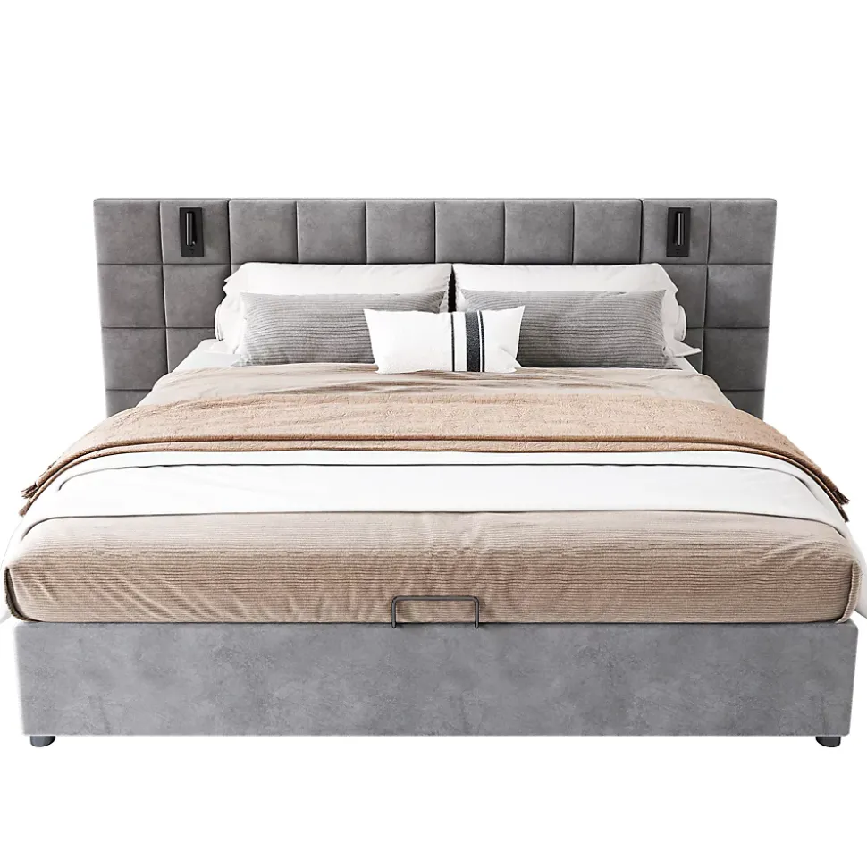 Lit 160x200 cm avec rangement hydraulique et tête de lit capitonnée en velours gris, cadre acier robuste