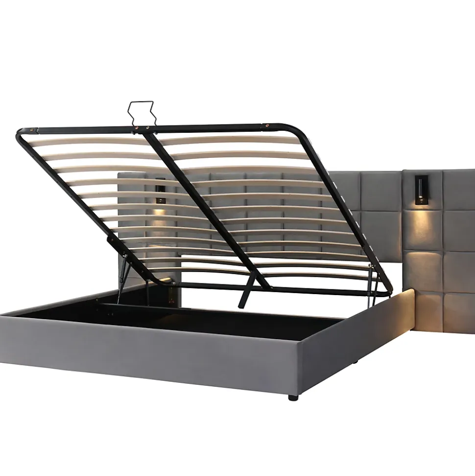 Lit 160x200 cm avec rangement hydraulique et tête de lit capitonnée en velours gris, cadre acier robuste