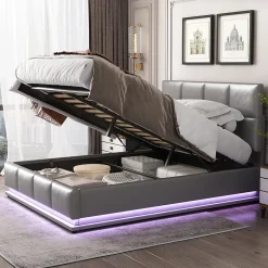 Lit 140x200 cm avec rangement hydraulique et éclairage LED, tapissé simili cuir gris, cadre métal robuste