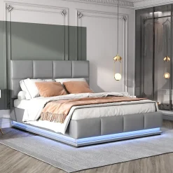 Lit 140x200 cm avec rangement hydraulique et éclairage LED, tapissé simili cuir gris, cadre métal robuste