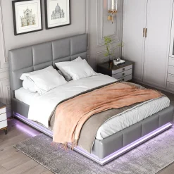 Lit 140x200 cm avec rangement hydraulique et éclairage LED, tapissé simili cuir gris, cadre métal robuste
