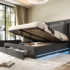 Lit 160x200 cm avec rangement hydraulique, tiroirs 2-en-1, LED intégrées et tête rembourrée en velours gris