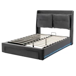 Lit 160x200 cm avec rangement hydraulique, tiroirs 2-en-1, LED intégrées et tête rembourrée en velours gris