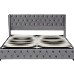 Lit 160x200 cm avec rangement hydraulique et tête de lit capitonnée en velours gris, cadre bois et structure métal