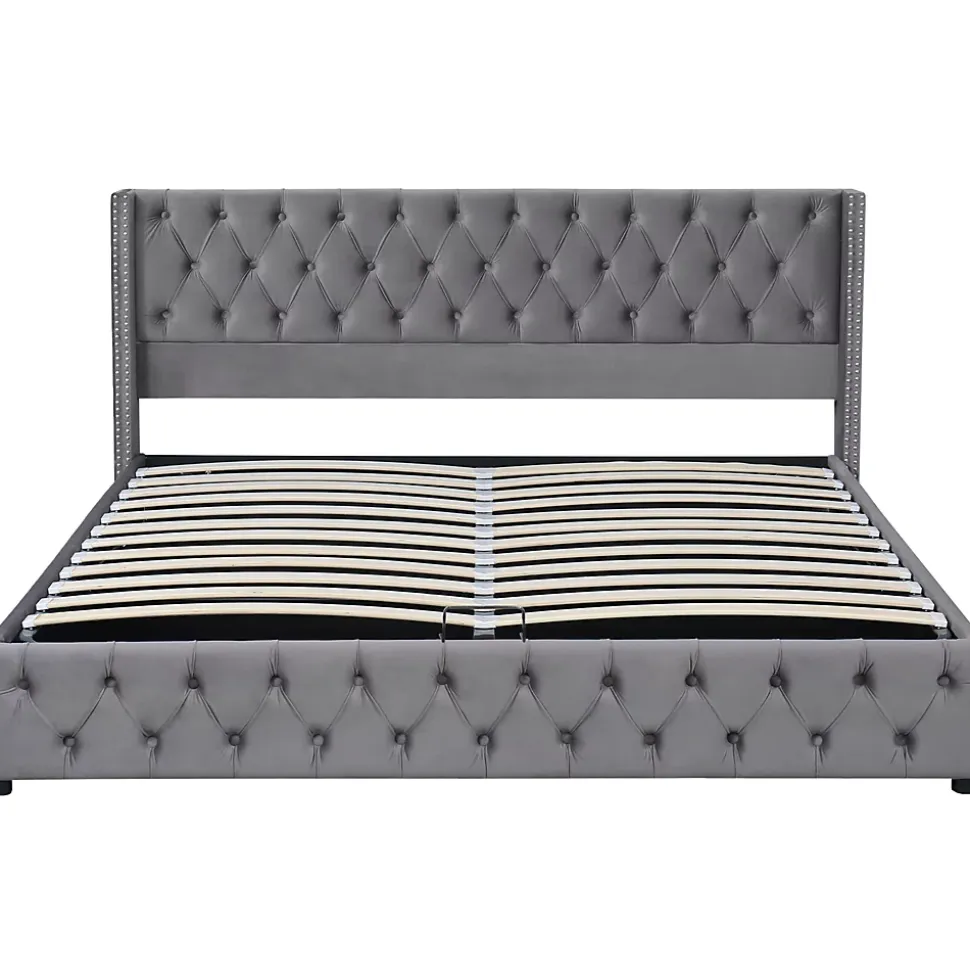 Lit 160x200 cm avec rangement hydraulique et tête de lit capitonnée en velours gris, cadre bois et structure métal