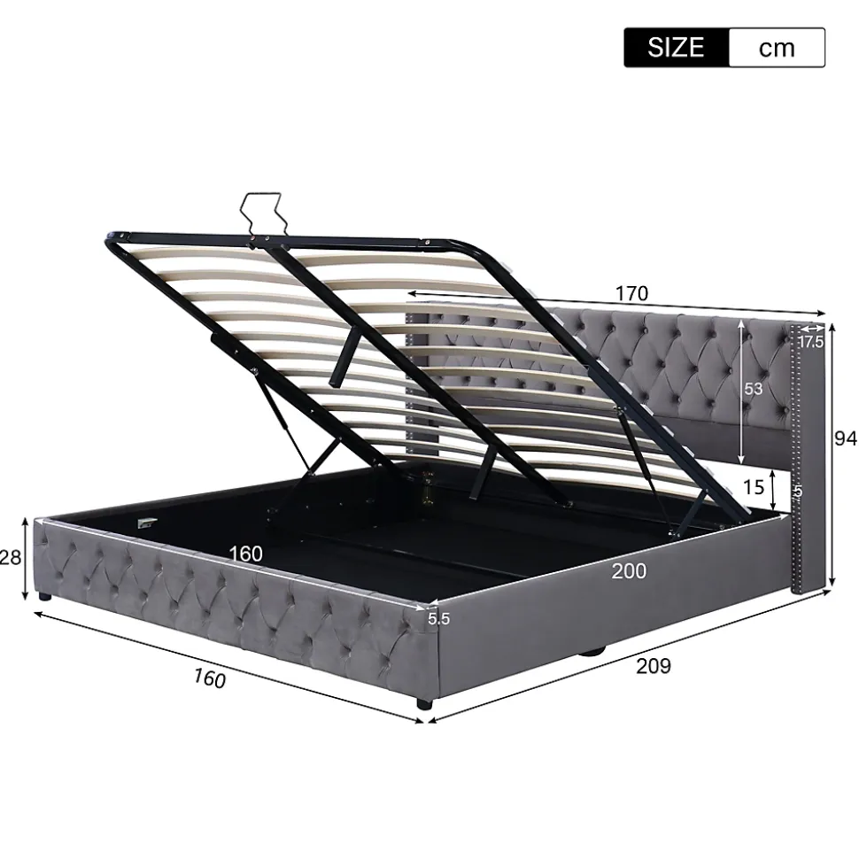 Lit 160x200 cm avec rangement hydraulique et tête de lit capitonnée en velours gris, cadre bois et structure métal