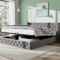 Lit 160x200 cm avec rangement hydraulique et tête de lit capitonnée en velours gris, cadre bois et structure métal