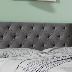 Lit 160x200 cm avec rangement hydraulique et tête de lit capitonnée en velours gris, cadre bois et structure métal