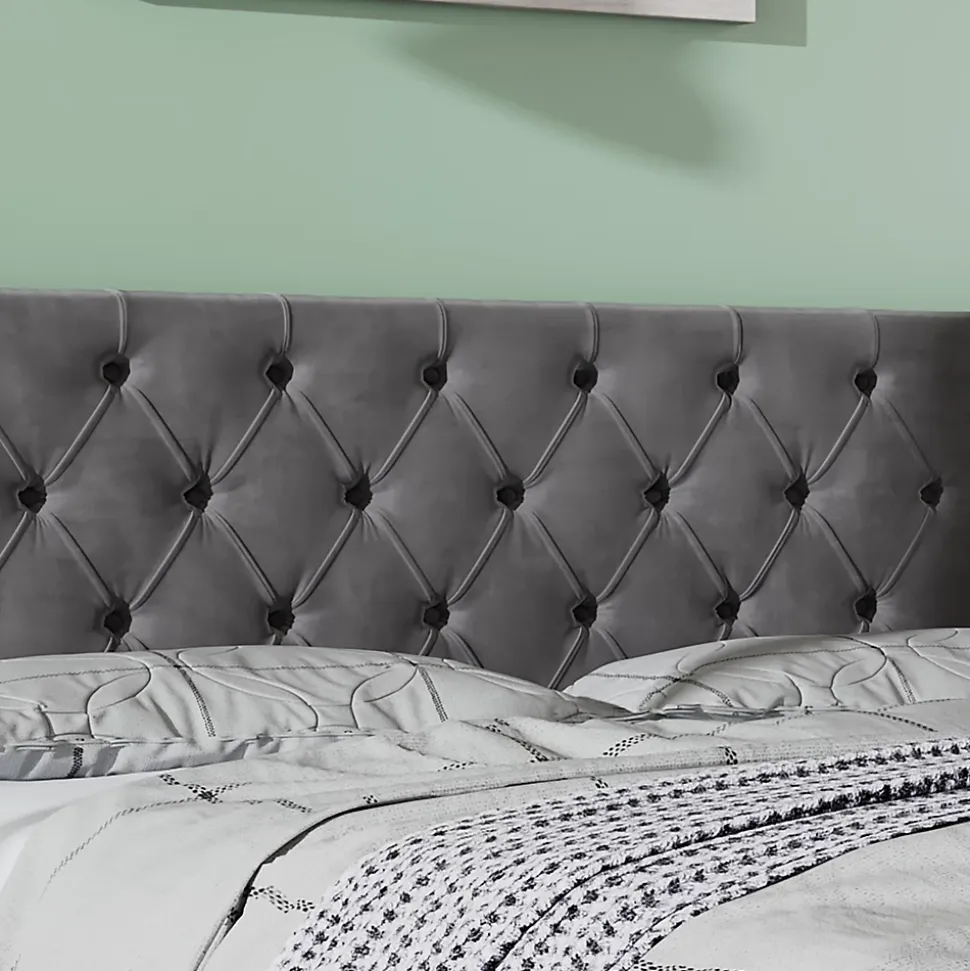 Lit 160x200 cm avec rangement hydraulique et tête de lit capitonnée en velours gris, cadre bois et structure métal