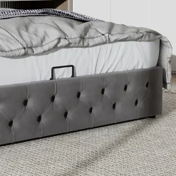 Lit 160x200 cm avec rangement hydraulique et tête de lit capitonnée en velours gris, cadre bois et structure métal