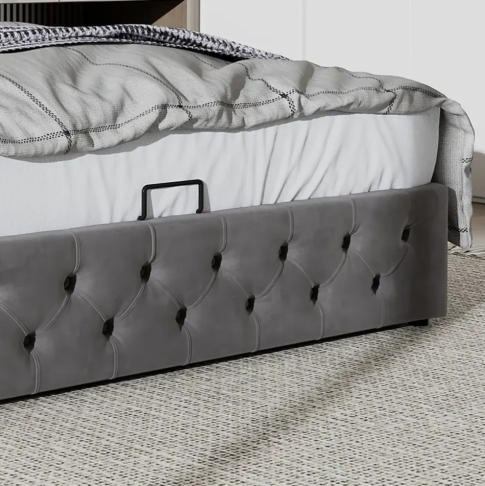 Lit 160x200 cm avec rangement hydraulique et tête de lit capitonnée en velours gris, cadre bois et structure métal