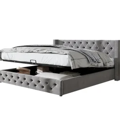 Lit 160x200 cm avec rangement hydraulique et tête de lit capitonnée en velours gris, cadre bois et structure métal