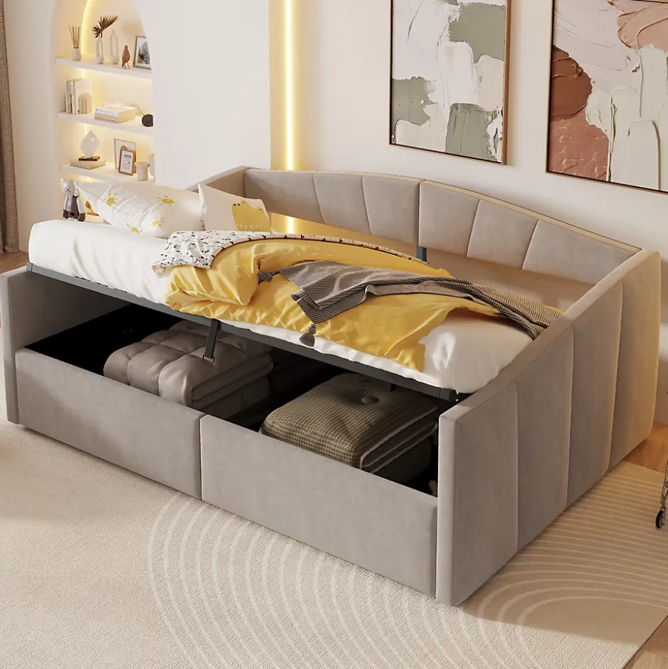 Lit 140x200 cm avec rangement hydraulique et revêtement velours gris clair, convertible, design contemporain