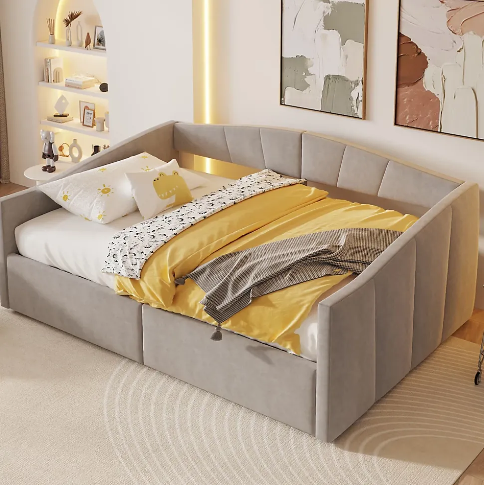 Lit 140x200 cm avec rangement hydraulique et revêtement velours gris clair, convertible, design contemporain