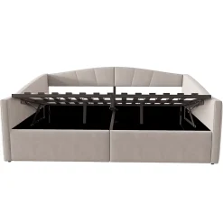 Lit 140x200 cm avec rangement hydraulique et revêtement velours gris clair, convertible, design contemporain