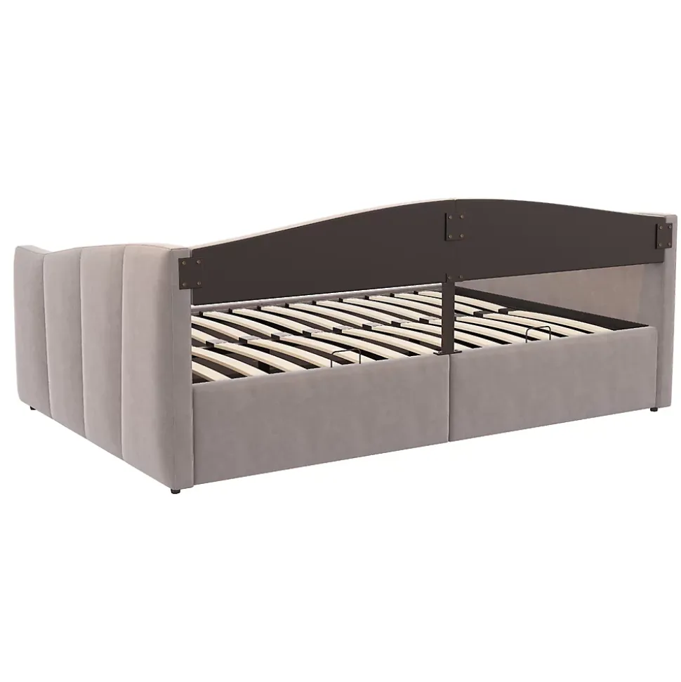 Lit 140x200 cm avec rangement hydraulique et revêtement velours gris clair, convertible, design contemporain