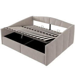 Lit 140x200 cm avec rangement hydraulique et revêtement velours gris clair, convertible, design contemporain