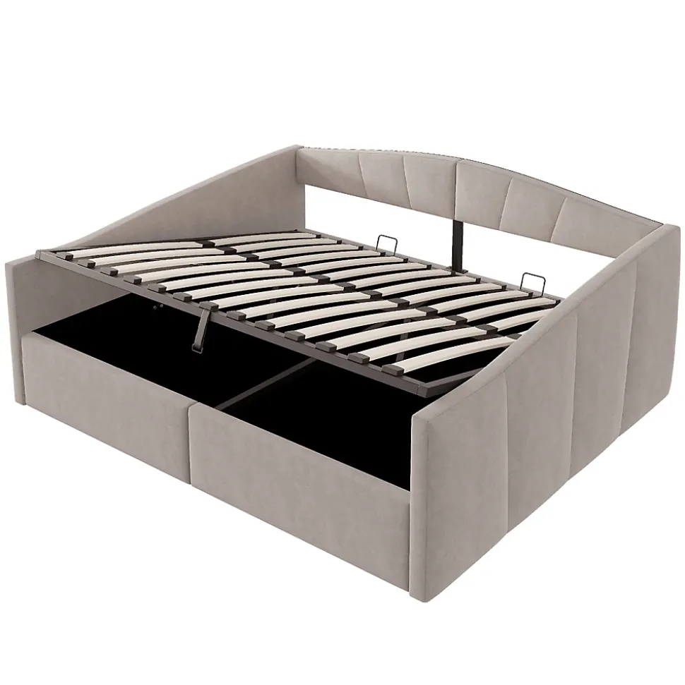 Lit 140x200 cm avec rangement hydraulique et revêtement velours gris clair, convertible, design contemporain