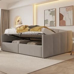 Lit 140x200 cm avec rangement hydraulique et revêtement velours gris clair, convertible, design contemporain