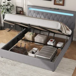 Lit 180x200 cm avec rangement hydraulique et tête de lit tapissée en lin gris, éclairage LED pilotable