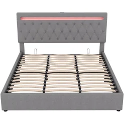 Lit 180x200 cm avec rangement hydraulique et tête de lit tapissée en lin gris, éclairage LED pilotable