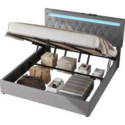 Lit 180x200 cm avec rangement hydraulique et tête de lit tapissée en lin gris, éclairage LED pilotable