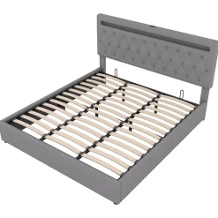 Lit 180x200 cm avec rangement hydraulique et tête de lit tapissée en lin gris, éclairage LED pilotable