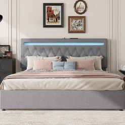 Lit 180x200 cm avec rangement hydraulique et tête de lit tapissée en lin gris, éclairage LED pilotable