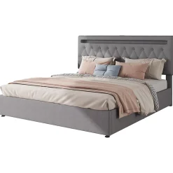 Lit 180x200 cm avec rangement hydraulique et tête de lit tapissée en lin gris, éclairage LED pilotable