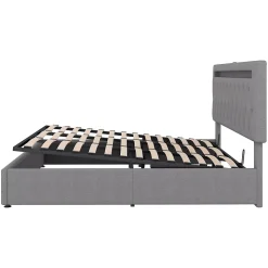 Lit 180x200 cm avec rangement hydraulique et tête de lit tapissée en lin gris, éclairage LED pilotable