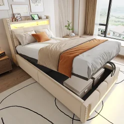 Lit 90x200 cm avec rangement hydraulique, tête de lit étagères, LED multicolore et prise USB, tapissé lin beige