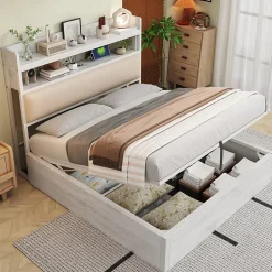 Lit 140x200 cm avec rangement hydraulique intégré, tête de lit rembourrée et cadre métal bois blanc vintage