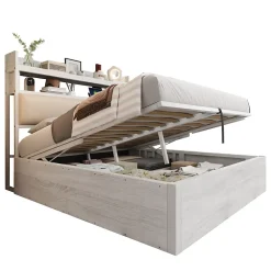 Lit 140x200 cm avec rangement hydraulique intégré, tête de lit rembourrée et cadre métal bois blanc vintage