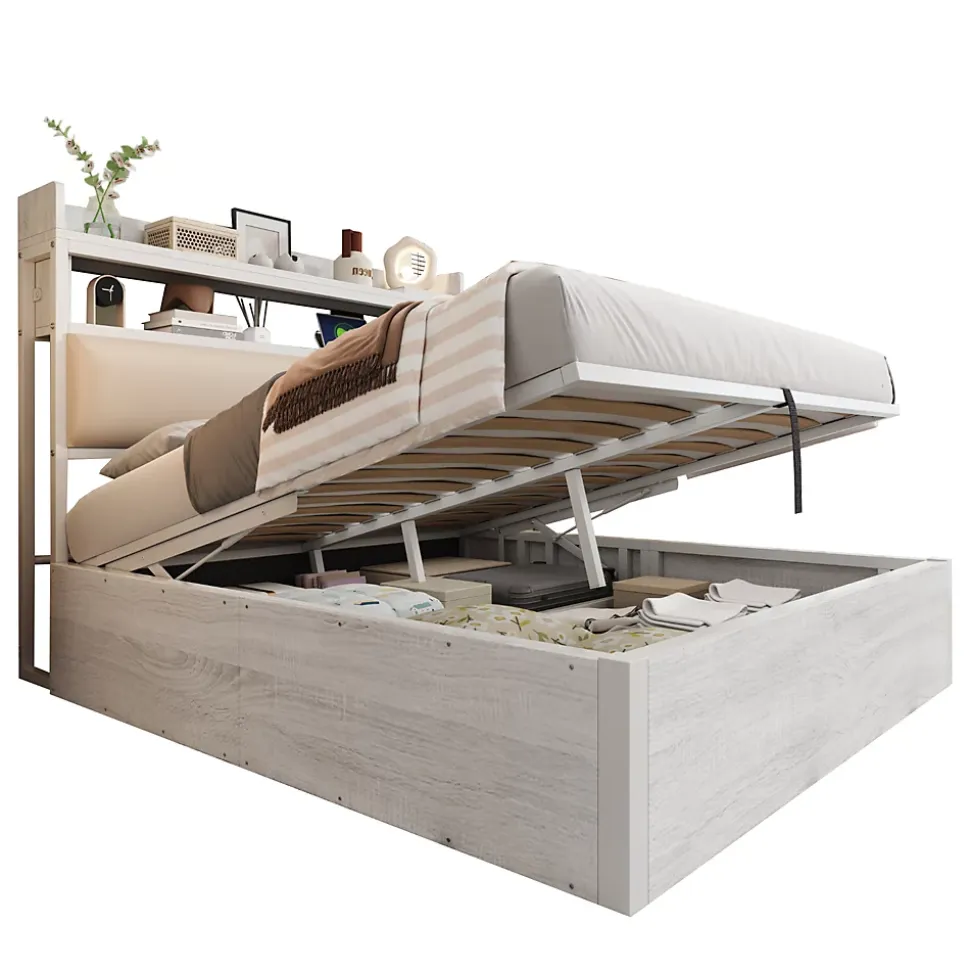 Lit 140x200 cm avec rangement hydraulique intégré, tête de lit rembourrée et cadre métal bois blanc vintage