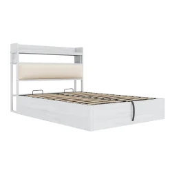 Lit 140x200 cm avec rangement hydraulique intégré, tête de lit rembourrée et cadre métal bois blanc vintage