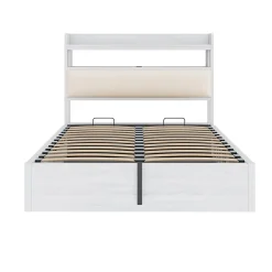 Lit 140x200 cm avec rangement hydraulique intégré, tête de lit rembourrée et cadre métal bois blanc vintage