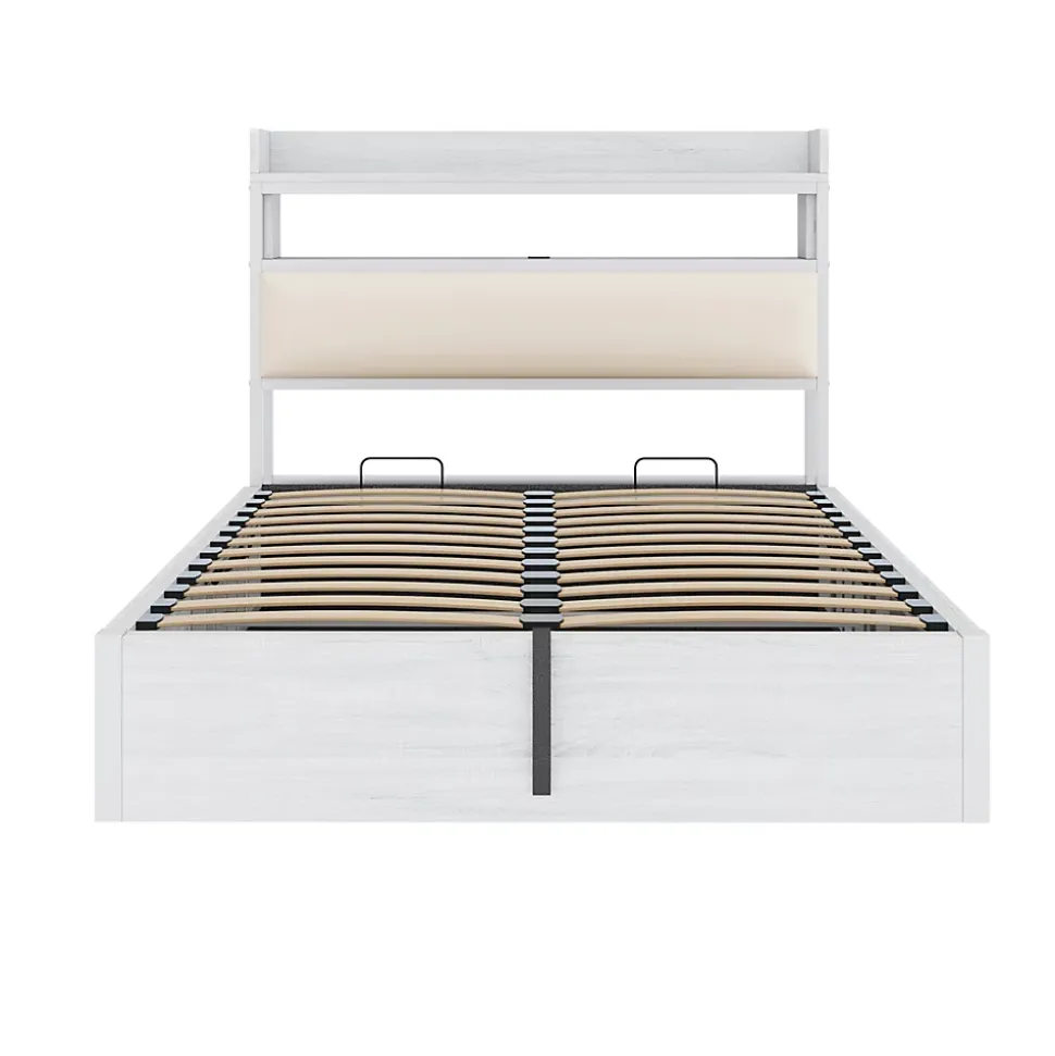 Lit 140x200 cm avec rangement hydraulique intégré, tête de lit rembourrée et cadre métal bois blanc vintage