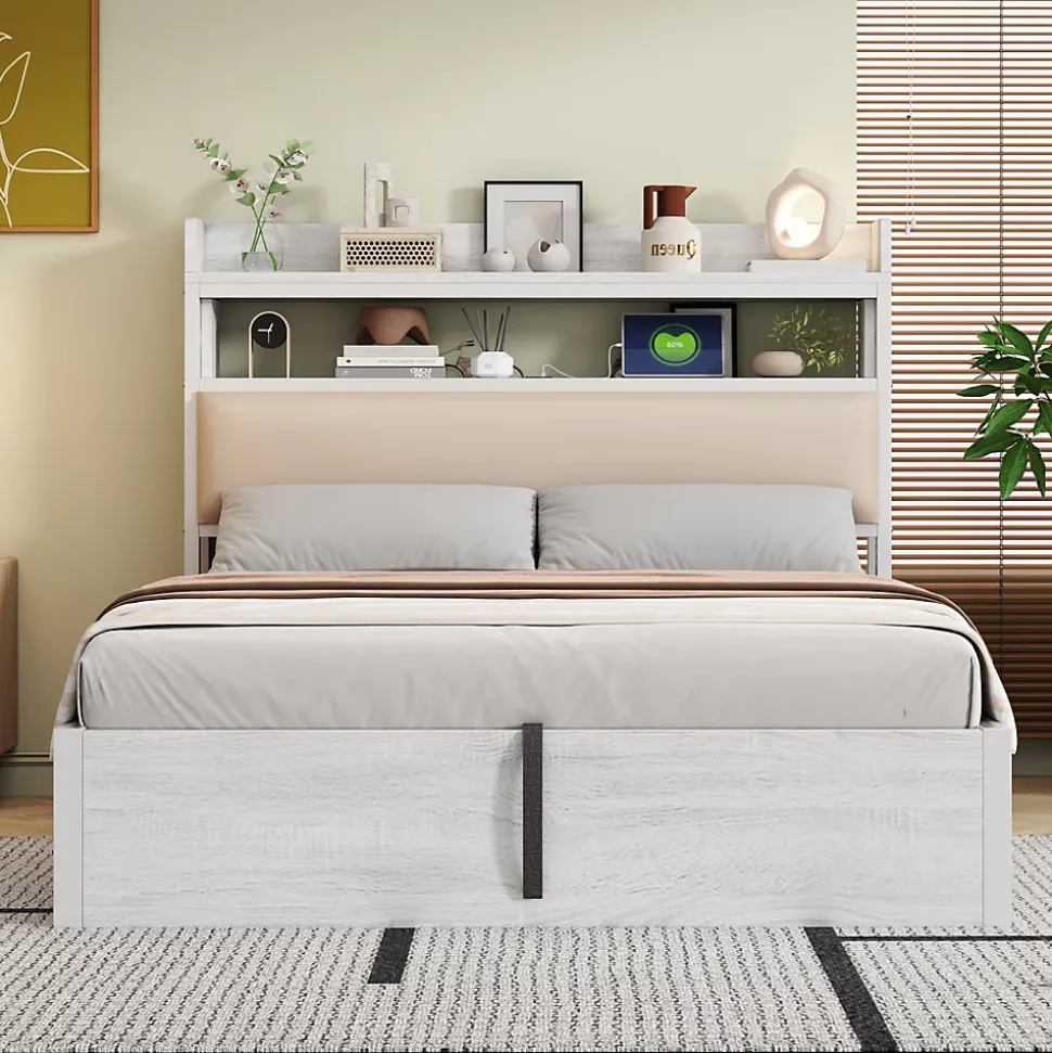 Lit 140x200 cm avec rangement hydraulique intégré, tête de lit rembourrée et cadre métal bois blanc vintage