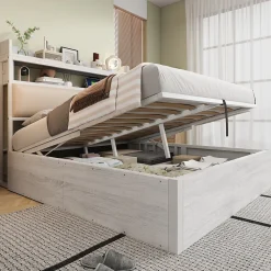 Lit 140x200 cm avec rangement hydraulique intégré, tête de lit rembourrée et cadre métal bois blanc vintage