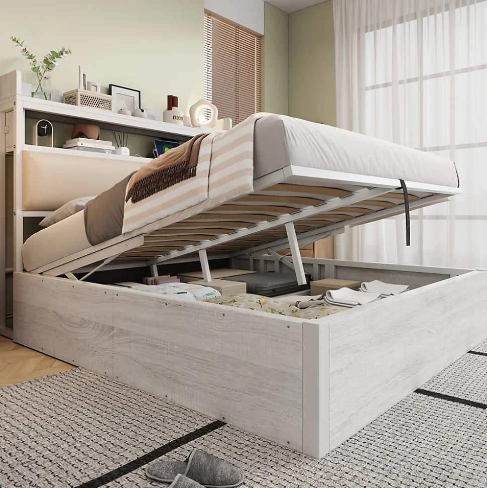 Lit 140x200 cm avec rangement hydraulique intégré, tête de lit rembourrée et cadre métal bois blanc vintage