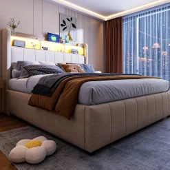 Lit 140x200 cm avec rangement hydraulique et tête de lit LED, revêtu de lin beige au design contemporain