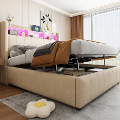 Lit 140x200 cm avec rangement hydraulique et tête de lit LED, revêtu de lin beige au design contemporain