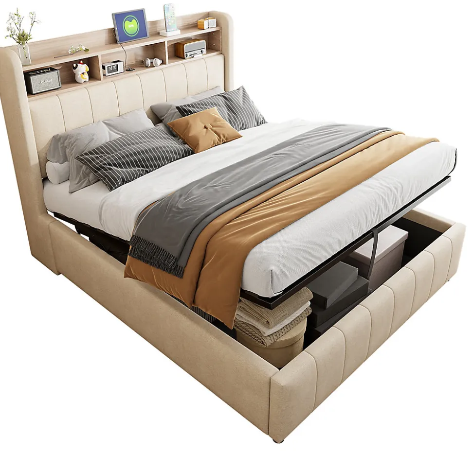 Lit 140x200 cm avec rangement hydraulique et tête de lit LED, revêtu de lin beige au design contemporain
