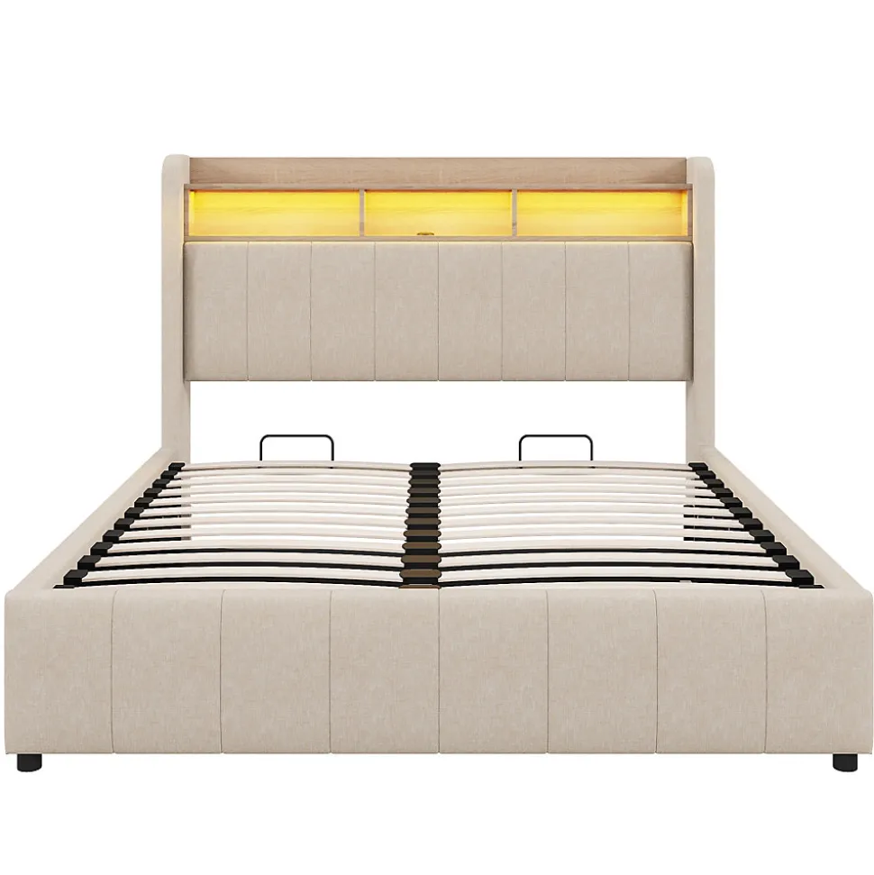 Lit 140x200 cm avec rangement hydraulique et tête de lit LED, revêtu de lin beige au design contemporain