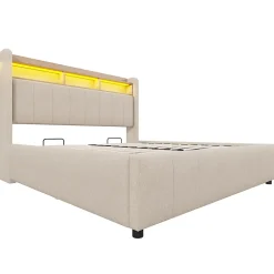 Lit 140x200 cm avec rangement hydraulique et tête de lit LED, revêtu de lin beige au design contemporain