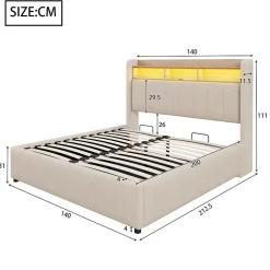 Lit 140x200 cm avec rangement hydraulique et tête de lit LED, revêtu de lin beige au design contemporain