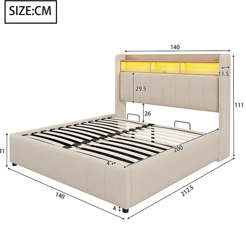 Lit 140x200 cm avec rangement hydraulique et tête de lit LED, revêtu de lin beige au design contemporain