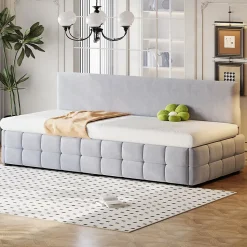 Lit 90x200 cm avec rangement hydraulique, tapissé velours gris clair, sans accoudoirs, design moderne