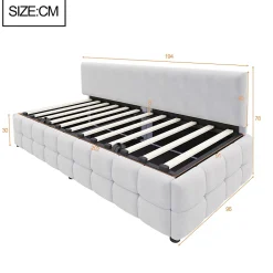 Lit 90x200 cm avec rangement hydraulique, tapissé velours gris clair, sans accoudoirs, design moderne