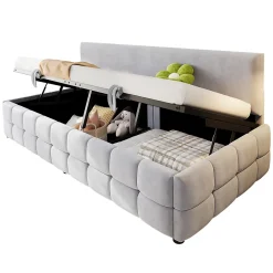 Lit 90x200 cm avec rangement hydraulique, tapissé velours gris clair, sans accoudoirs, design moderne